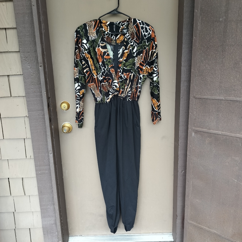 Vintage PG Collections‎ Ginger Bort Animal Print Safari Jumpsuit Stirrup Legs